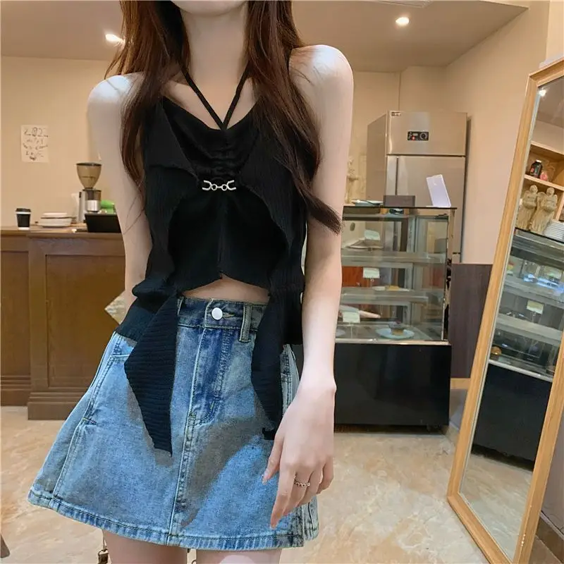 Summer Sweet Women Vest Korean Lace Up Off Shoulder Female Casual Knitting Strap Tops Ruffles Tunic Sleeveless Sexy Crop Tops