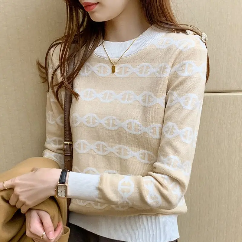 Women's Pullover Colored Button Striped Knitwear Autumn and Winter Fashion Loose Round Neck Long Sleeve Sweater Office Lady Tops