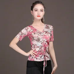Blusa feminina de dança latina, manga curta, corda de puxar, roupa de treino, seda gelada, traje de dança, moderno, verão, 2023