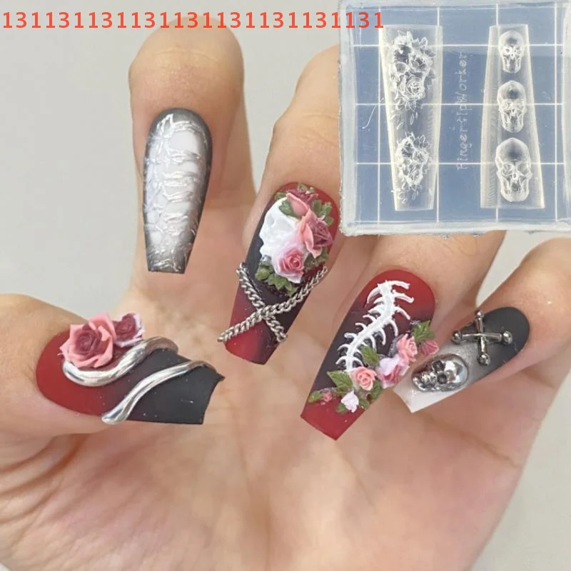 "قالب سيليكون زهور لفن الأظافر، قالب شفاف على شكل جمجمة وردية ثلاثية الأبعاد، أداة تصميم مانيكير DIY للزينة