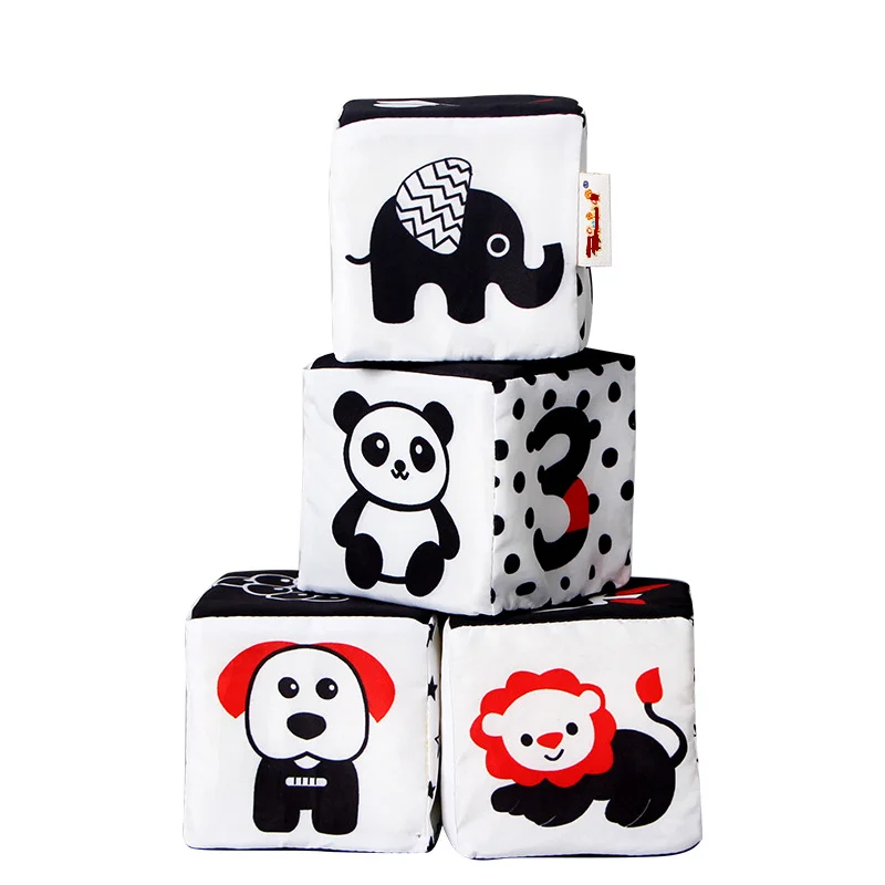 Baby Early Educational Cube Bric Cloth Fabric Book Toy Kid Infant Toddler Development Black White Stuffed Squishy Rattle Block