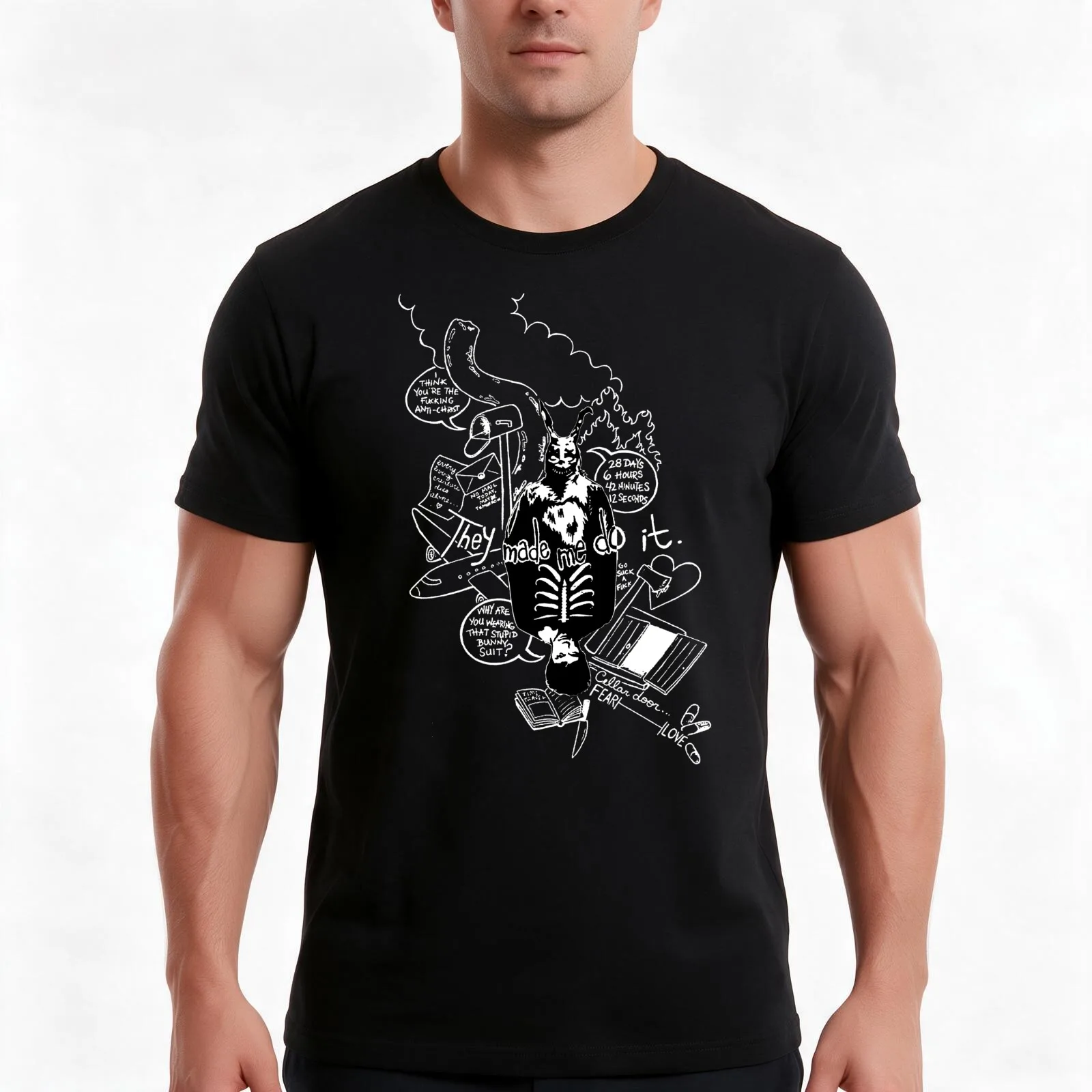 Donnie Darko (Black Background) T-Shirt, Summer Casual Cotton Tee, Oversized Streetwear Tops, Vintage Graphic Print, 100% Cotton