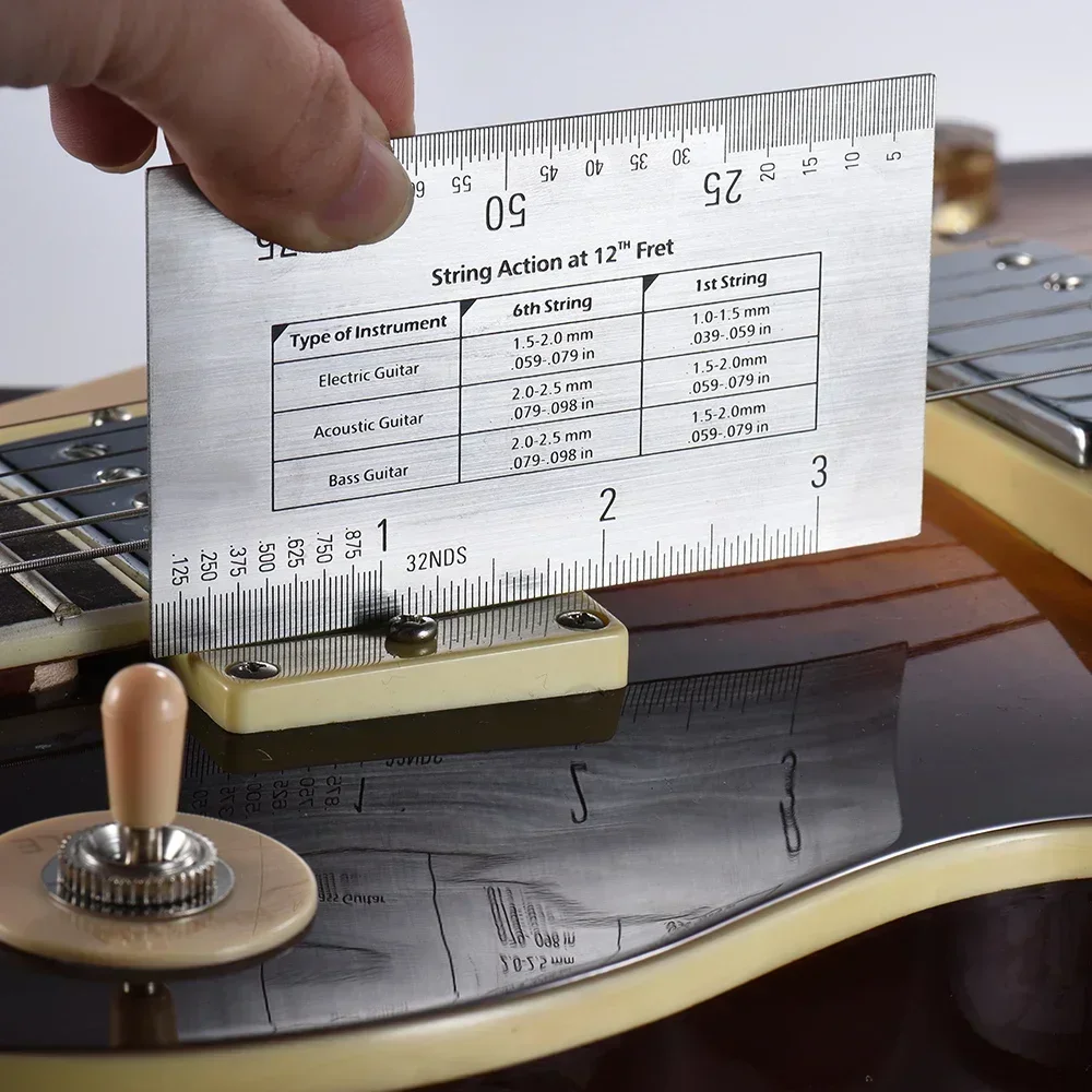 Regla de acción de cuerda de guitarra, herramienta de calibre de acero inoxidable de alta calidad en mm, regla de acción de cuerda para guitarra, bajo, mandolina, Banjo, 1 Juego