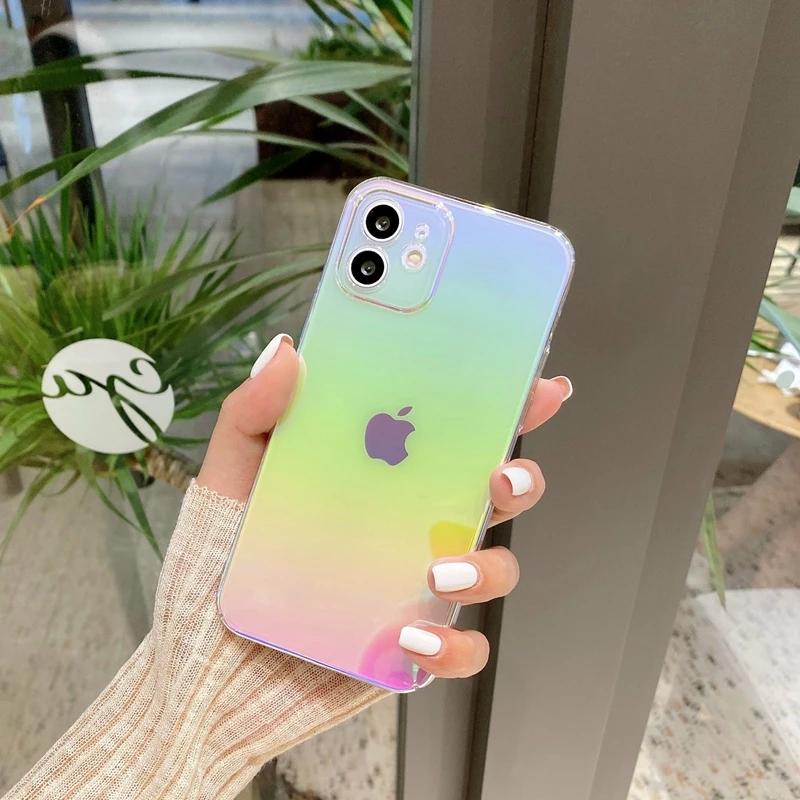 Fashion Rainbow Laser Phone Case For iPhone 11 12 13 14 15 Pro Max XS X XR 7 8 Plus Mini SE 2020 Luxury PC Bumper Back Cover