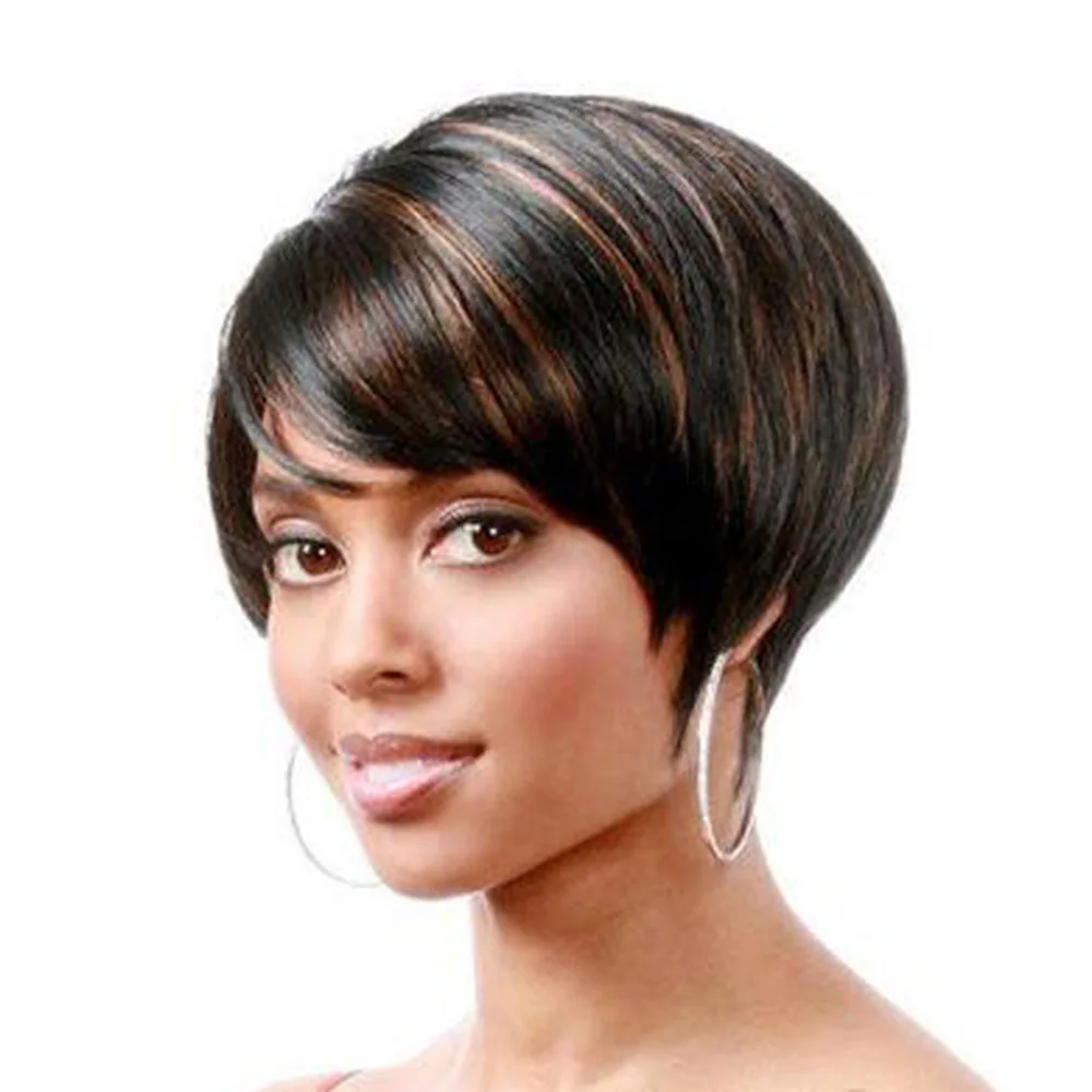 

JOY&BEAUTY Short Bob Wig Synthetic Wig with Bangs 10 Inch Black Brown Hair Wigs for Black Women Party and Daily Used