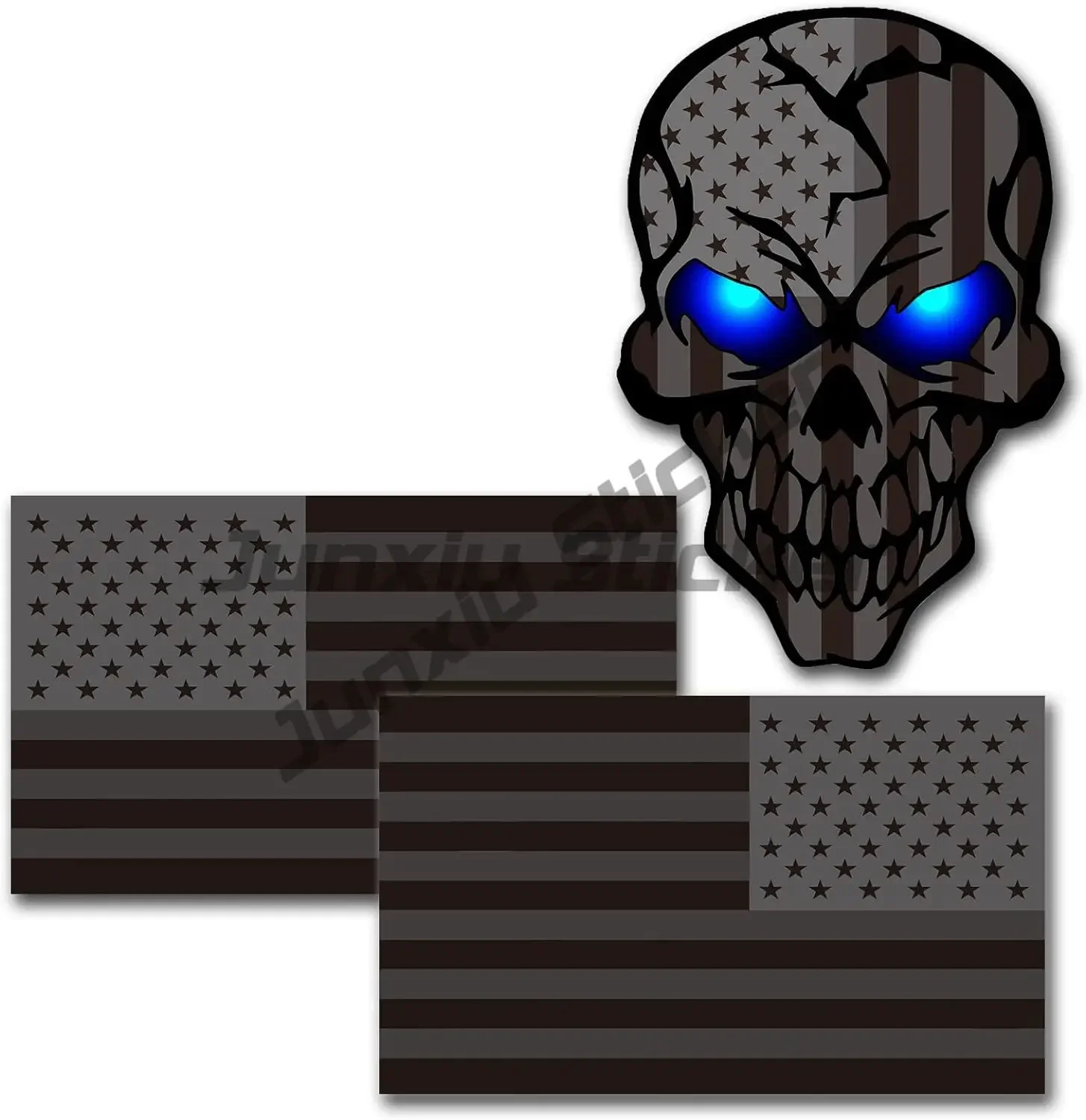 

3 Pack Reflective All Black American Flag Sticker, Skull Decal with Black US Flags, UV Fade Resistant Vinyl Car Flags Stickers