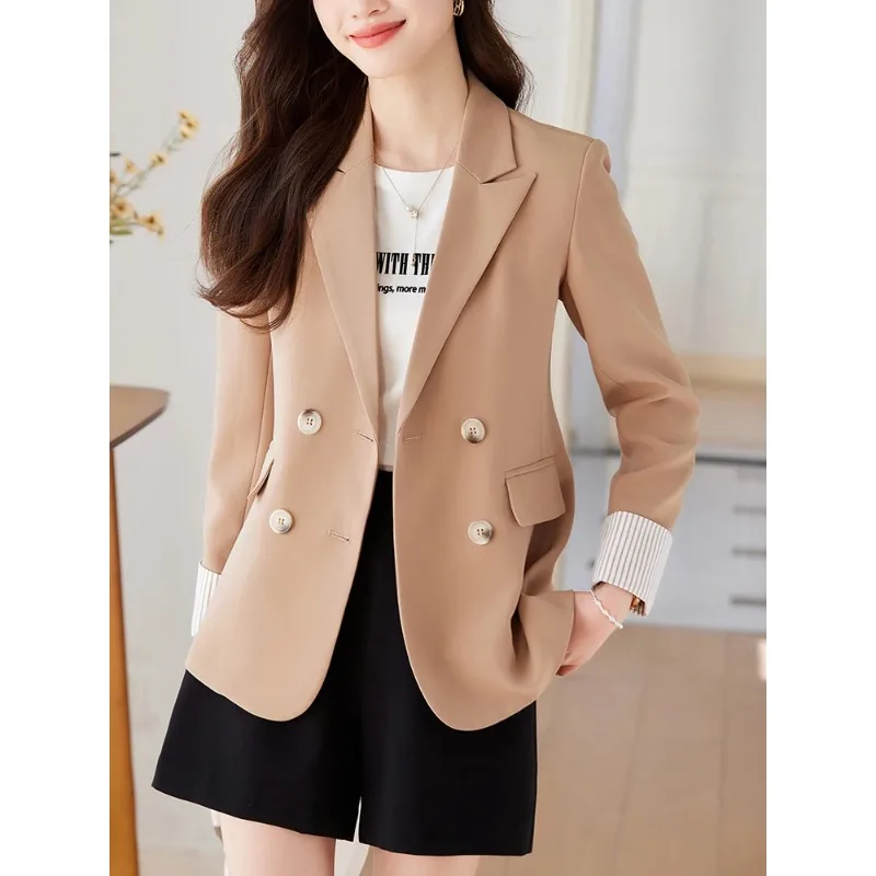 Blazer monocromático de manga comprida feminino, jaqueta feminina do escritório, rosa, cáqui, preto, casaco feminino, outono, primavera, 1 pc