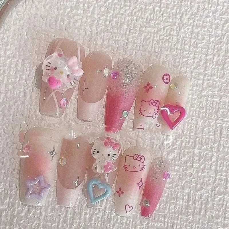 Sanrio Cartoon Hello Kitty Wear nails Reused Y2K Pink Halo Dyed Shiny Cat Eyes Nail Patch Cute Wemen Pure Handmade Wearing Nail