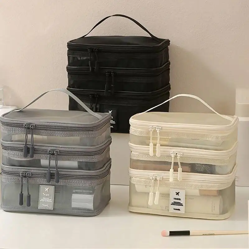 

Large Capacity Cosmetic With Mesh And Transparent Design, Multi-Functional Multi-Layer Portable Travel Toiletry Bag