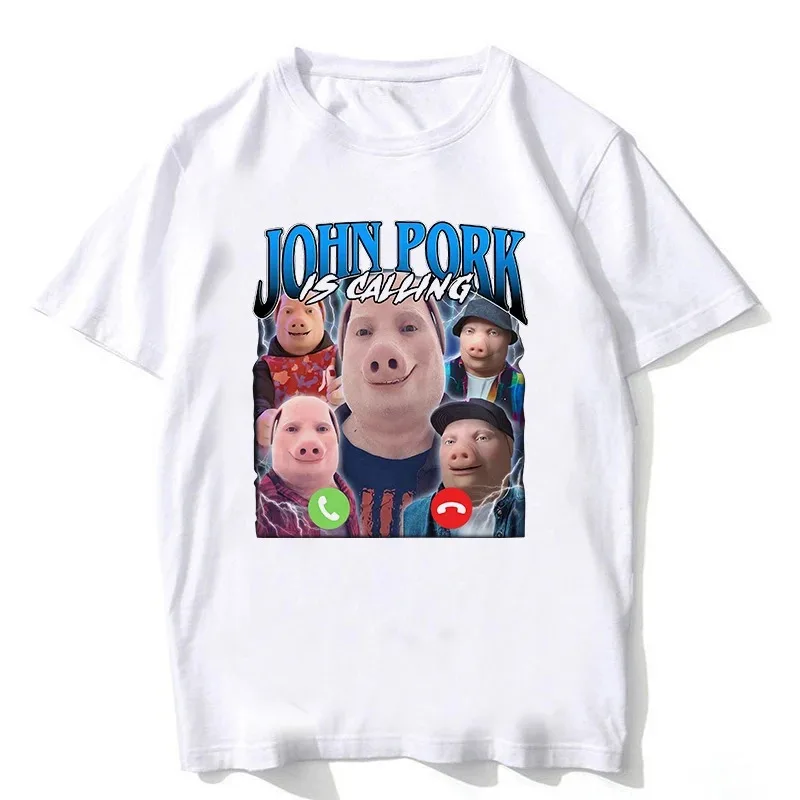 Summer Men Funny Graphic T-Shirt, John Pig Calls and Responds Print, Hip Hop Streetwear, 100% Cotton Casual Short Sleeve T-shirt