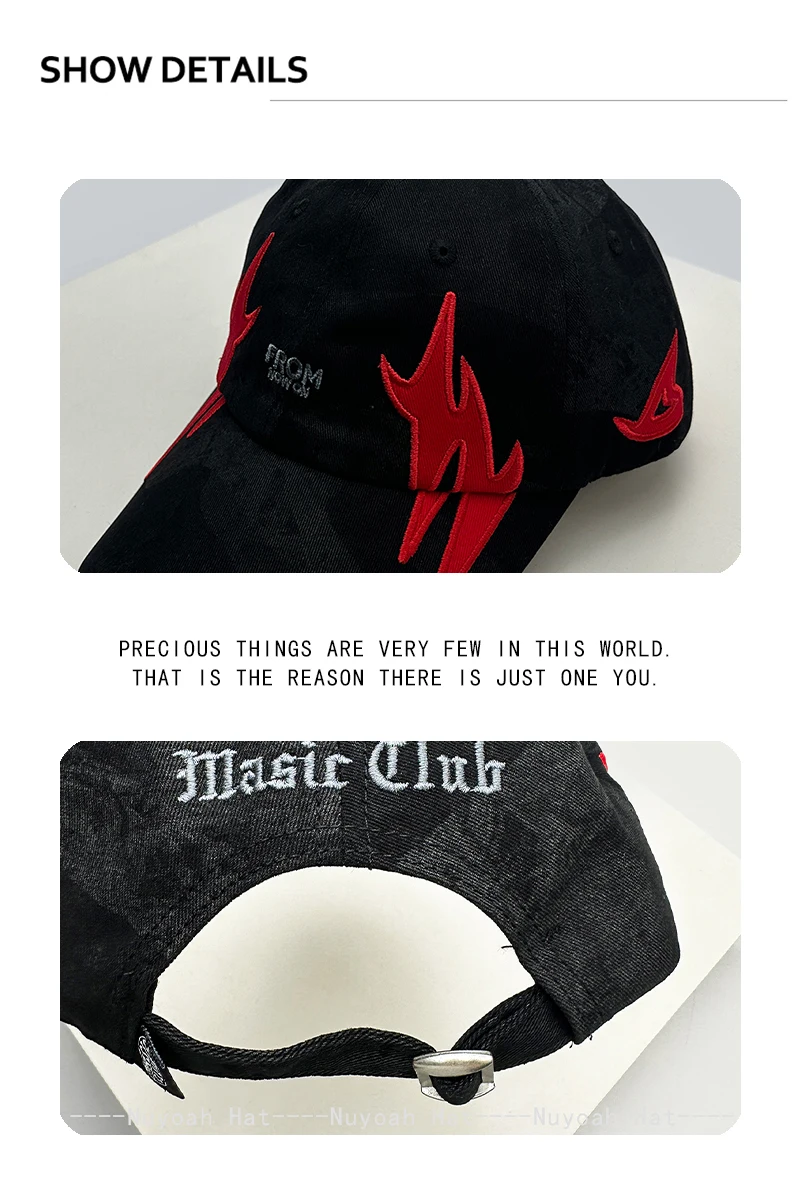 Neue Herren- und Damen-Baseballkappen im American-Street-Stil mit Flammen-Buchstaben-Stickerei, Sonnenschutz, Retro, vielseitig, individuelle Schirmmützen, modisch – Detail 3