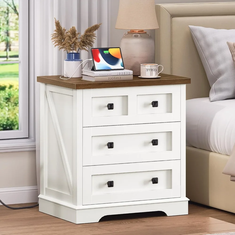 HOOBRO Farmhouse Nightstand with 3 Drawers, 23.6 Inch Wide End Table with Charging Station, Large End Table for Bedroom, Living