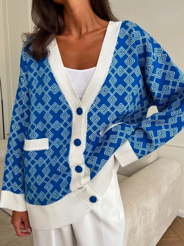 여성용 롱 가디건 루즈 자카드 배색 오버사이즈 스웨터 코트 여성용 두꺼운 따뜻한 겨울 니트 가디건