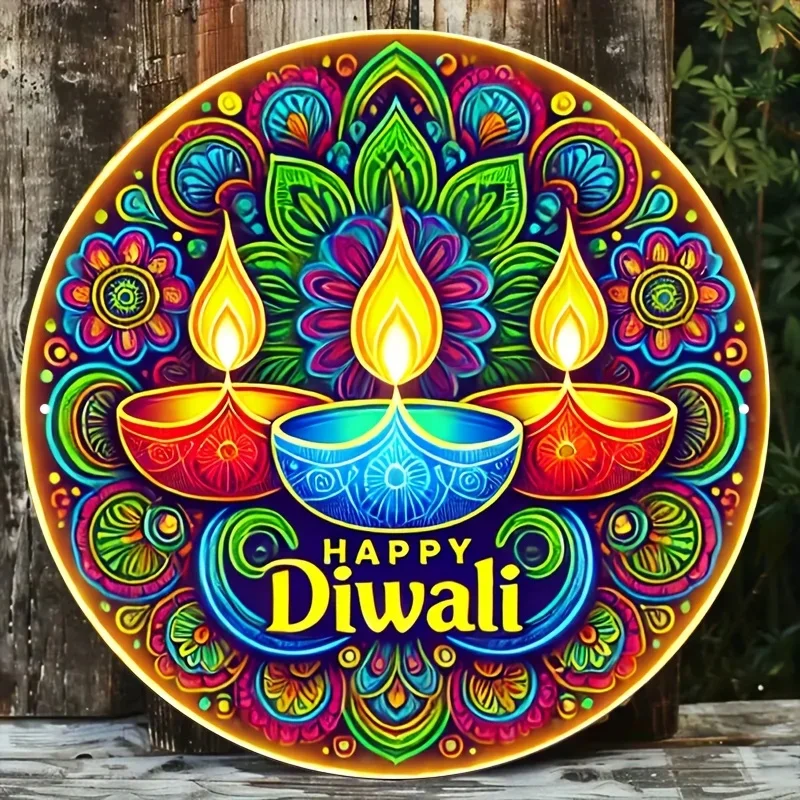 CIFBUY Retro Diwali Diya Candle Floral Aluminum Wall Art Waterproof Wearproof Metal Sign Home Office Yard Decor Gift