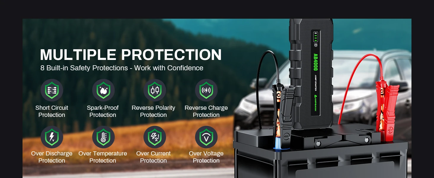 AMPBANK AB4000 Starthilfe für Autos, 16000mAh Booster Powerbank, tragbares 12V 4000A Booster-Pack, bidirektionales Schnellladen, BOOST-Funktion für Autos, SUVs, LKWs und Motorräder – Detail 4