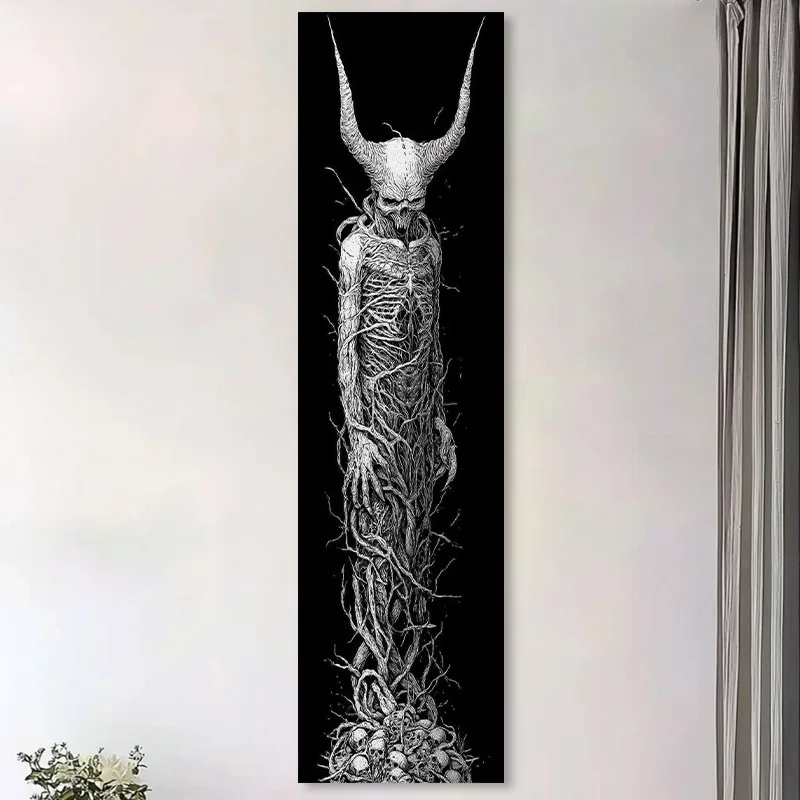 VIKAMA Black Thorn Sheep Horn Demon Skull Tapestry - Print Wall Hanging for Subculture Male Room, Dark Aesthetic Decor