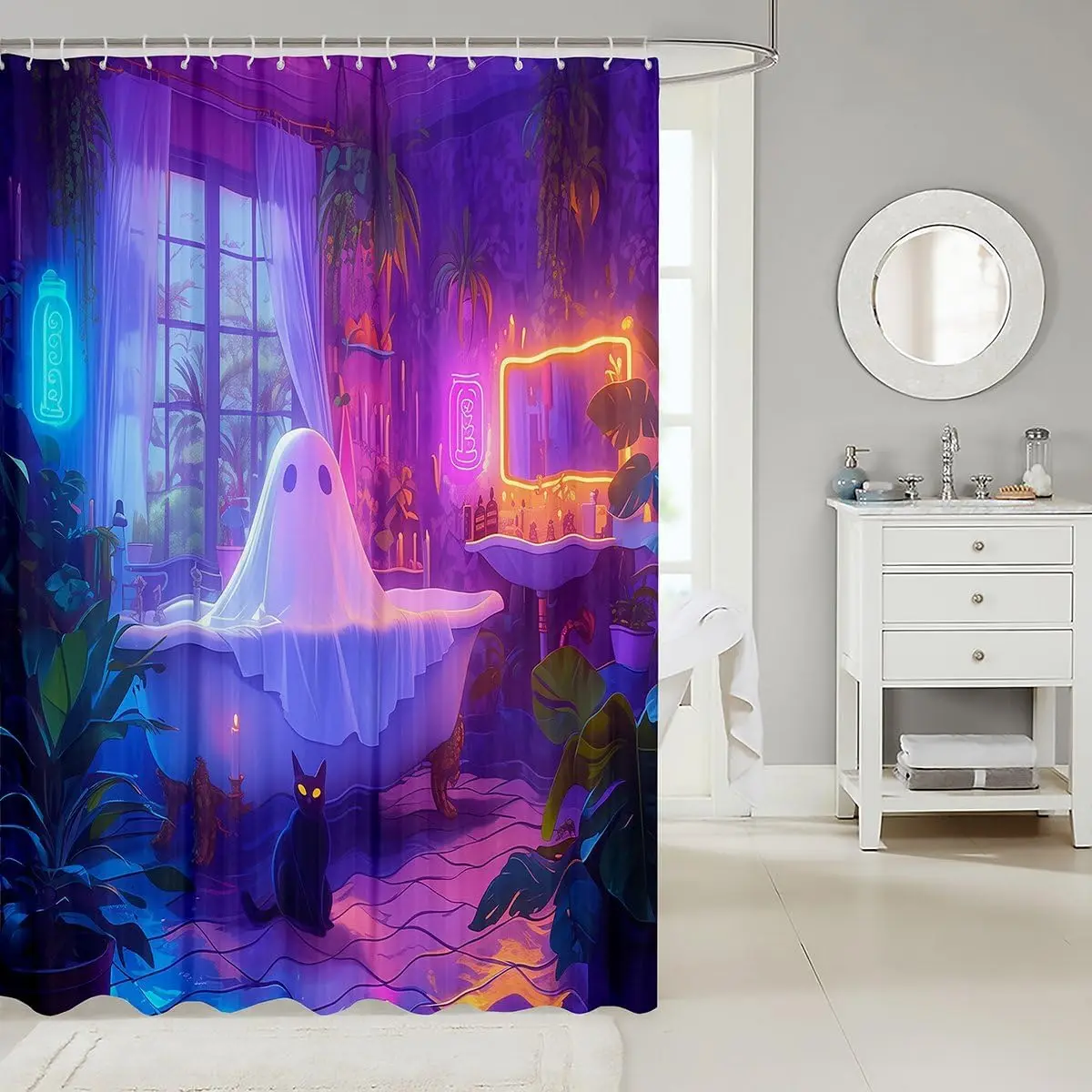 Halloween Ghost Shower Curtain, Neon Purple Bathroom Decor Spooky Cat & Bat Art, Vaporwave Aesthetic Waterproof Polyester Fabric