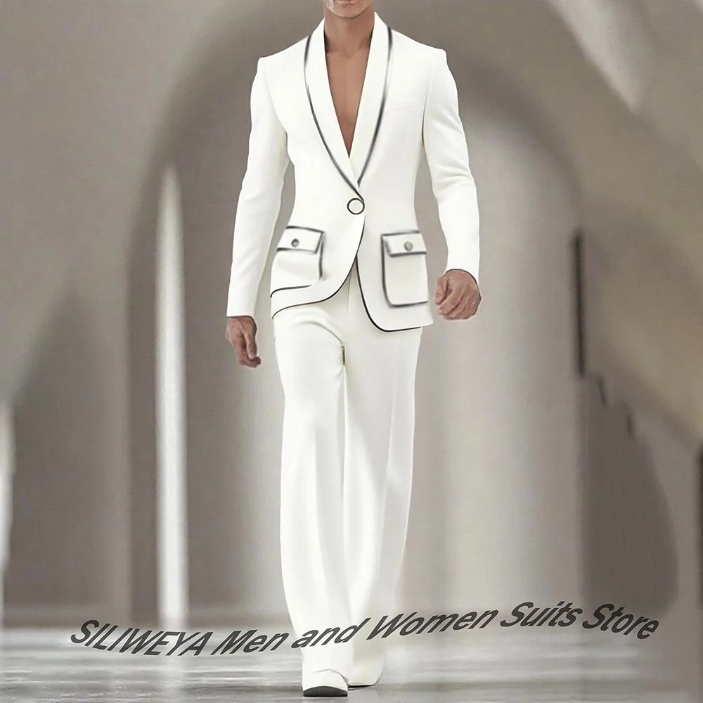 Elegant White Men's Clothing Slim-Fit Single Button Shawl Lapel Suit with Contrast Piping Formal Male Wedding Party Costume