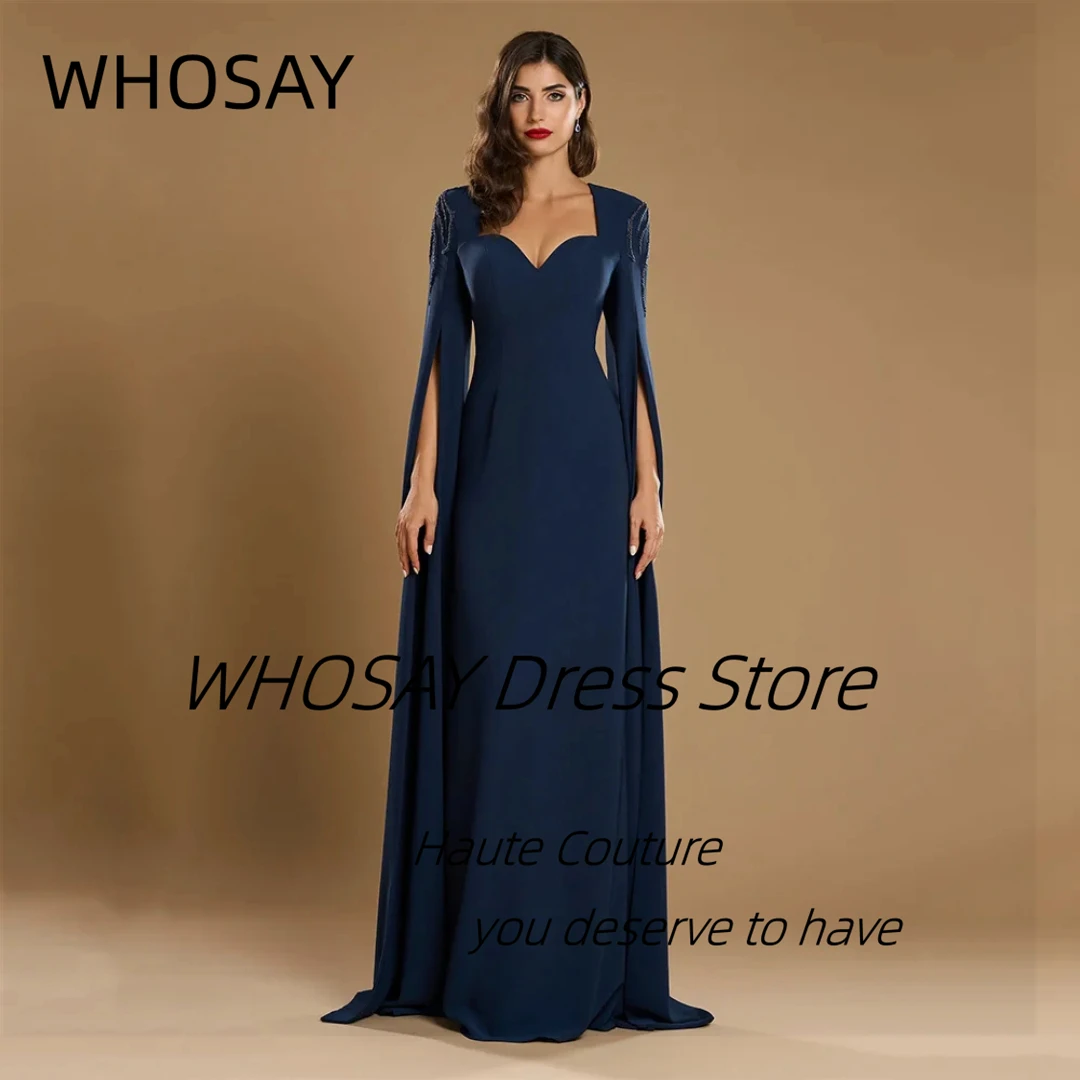 

WHOSAY Navy Blue Women's Evening Dresses Customized Beading Long Sleeves Wedding Party Dress Zipper Back Prom Gowns