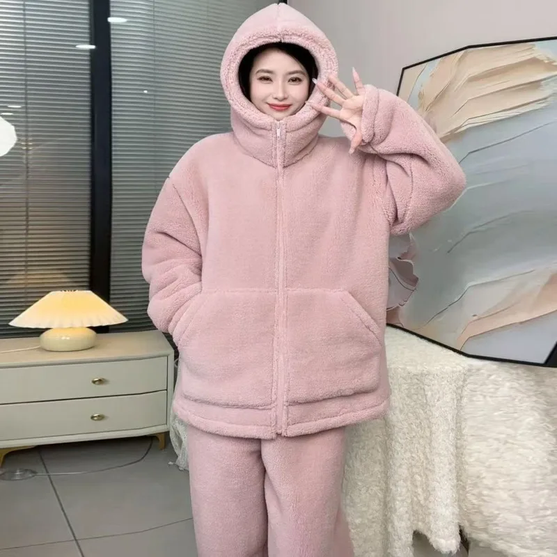 

Women's Double-layer Velvet Huge Thick Zipper Hooded Red Fashion Can Go Out Loungewear Two-piece Set Super Thick Winter Pajamas