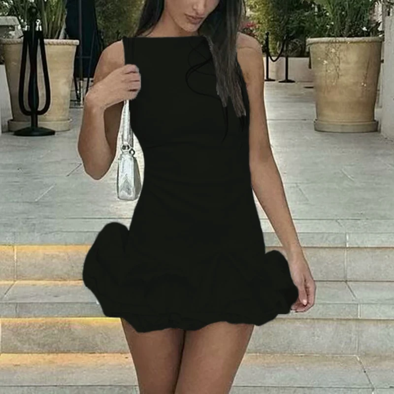 Sexy Women Mini Dress Green Bule Pink Black White O Neck Ruffle Design Sexy Bodycon Dress Women Sleeveless Party Dress