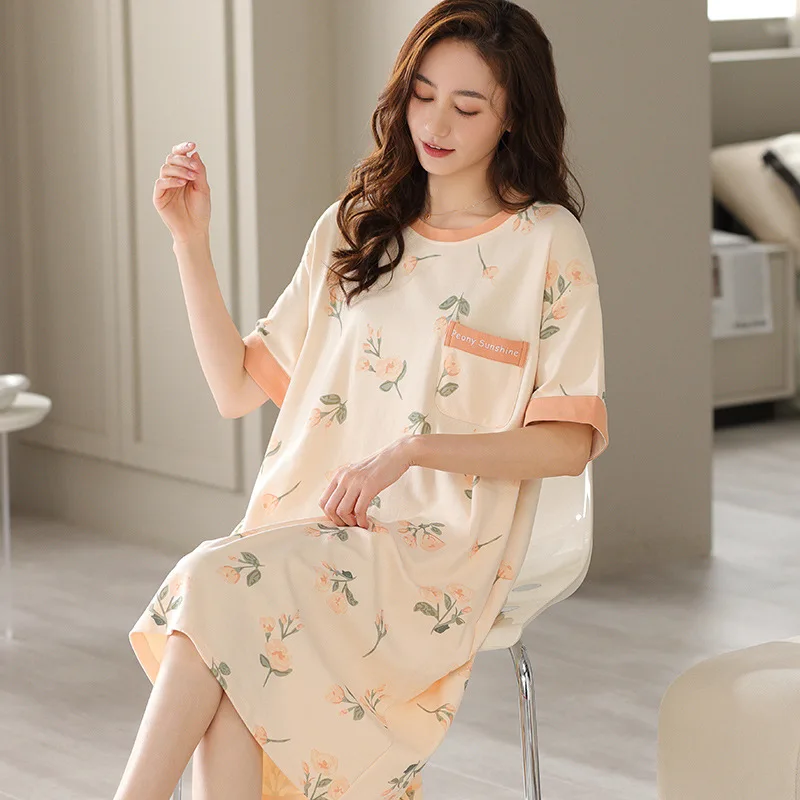 

New 2025 Women's Cotton Sleep Dress Summer Thin Short Sleeve Midi Loose plus Size Home Clothes Nightgown Comfortable Sleepwear