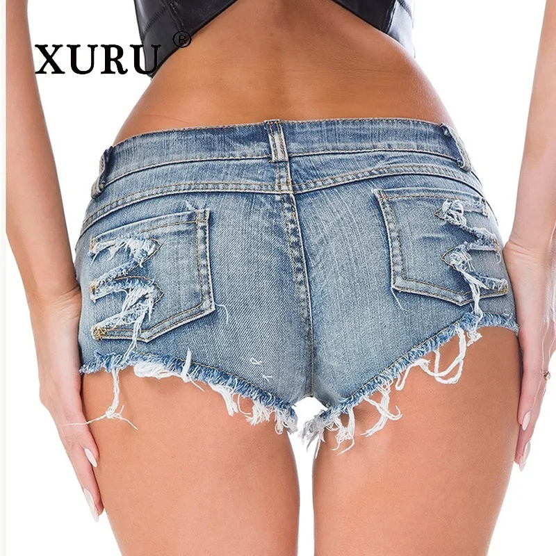 XURU - New Women's Sexy Nightclub and Bar Jeans, Y2k Clothes Low Waist Summer Piercing Denim Shorts, Men's Pants