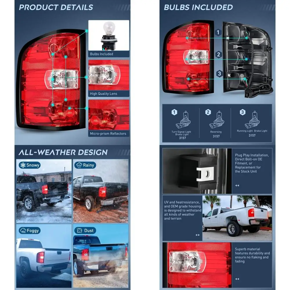 

Chevrolet Silverado 1500-3500HD 2007-2014 GMC Sierra Tail Light Assembly with Bulbs and Harness for Driver Side