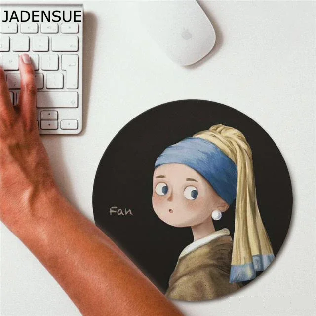 Mouse Pad Van Gogh Oil Painting Character Cute Desk Mats Girl Round Computer Pearl Office Computer Deskpad Laptop Mouse Mat 20cm