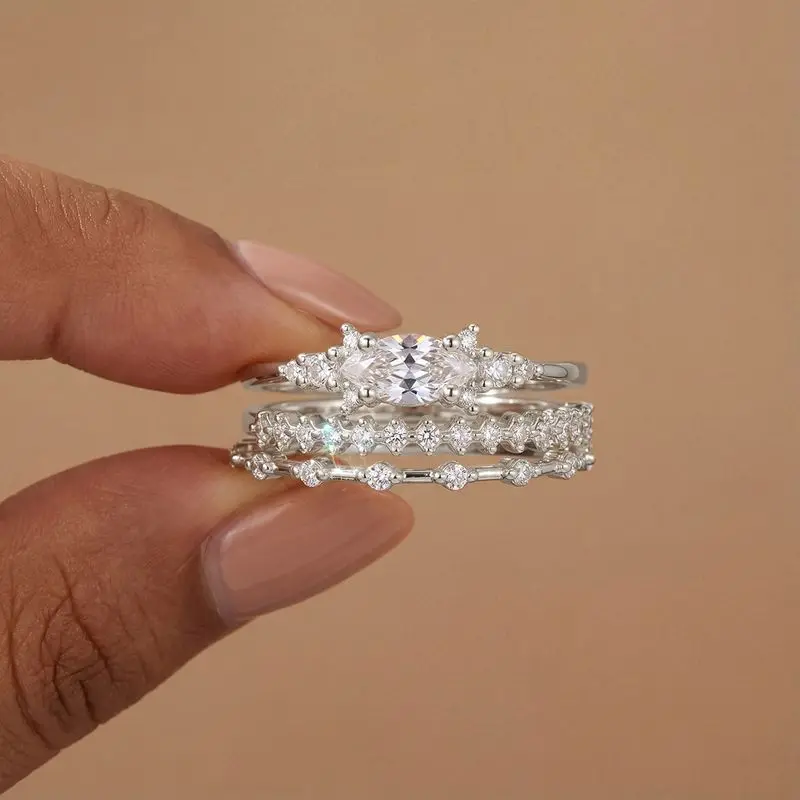 

Trendy Oval Cubic Zircon Three Piece Rings Set for Women Silver Colour Gold Colour High Quality Female Anniversary Party Jewelry