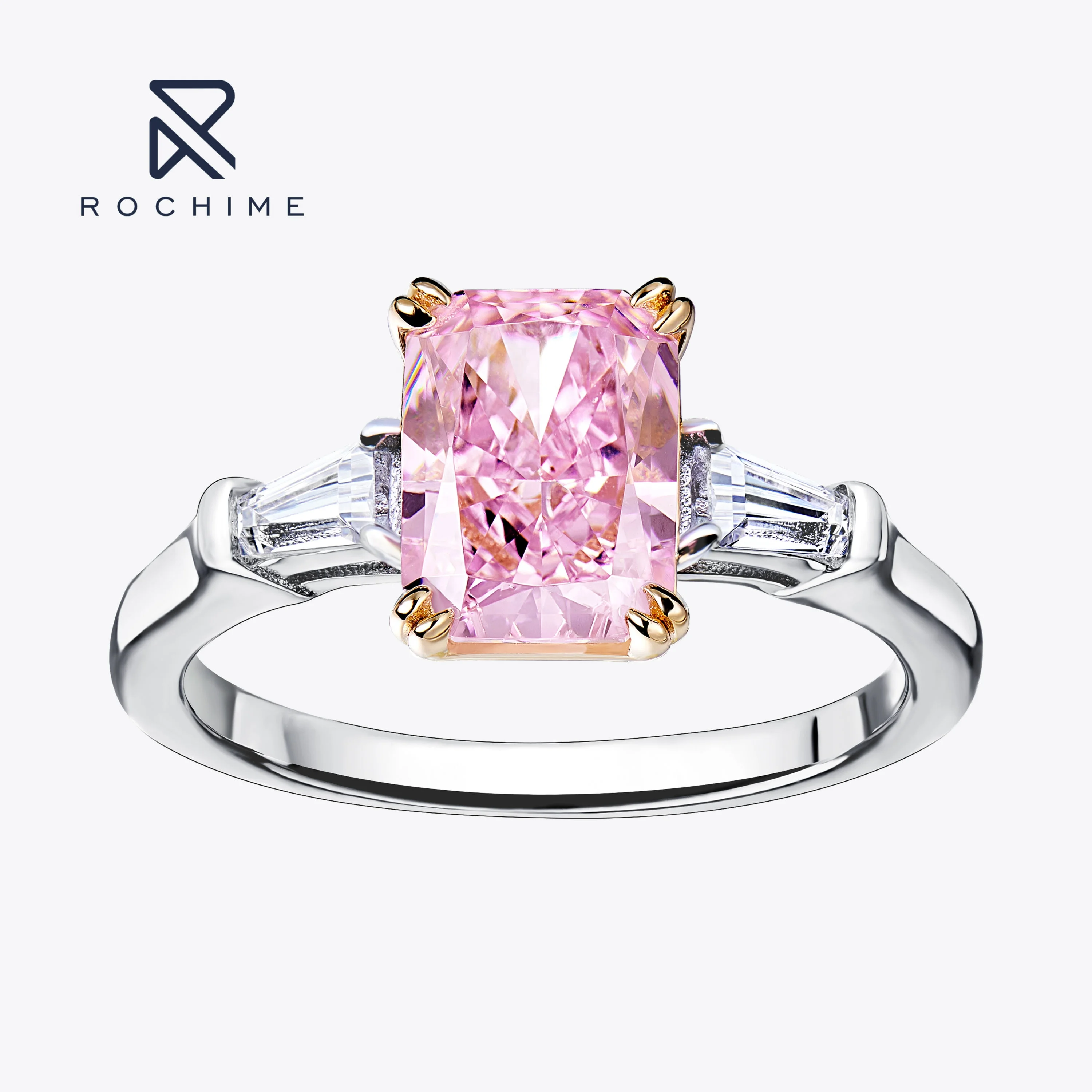 

Rochime Classic Baguette Pink Gemstone Rings 925 Sterling Silver Gold Plated 5a Zircon Jewelry For Women