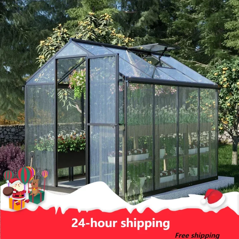 6' X 8' Walk-In Polycarbonate Greenhouse With Heavy-Duty Aluminum Frame, 1 Vent Window & Lockable Door