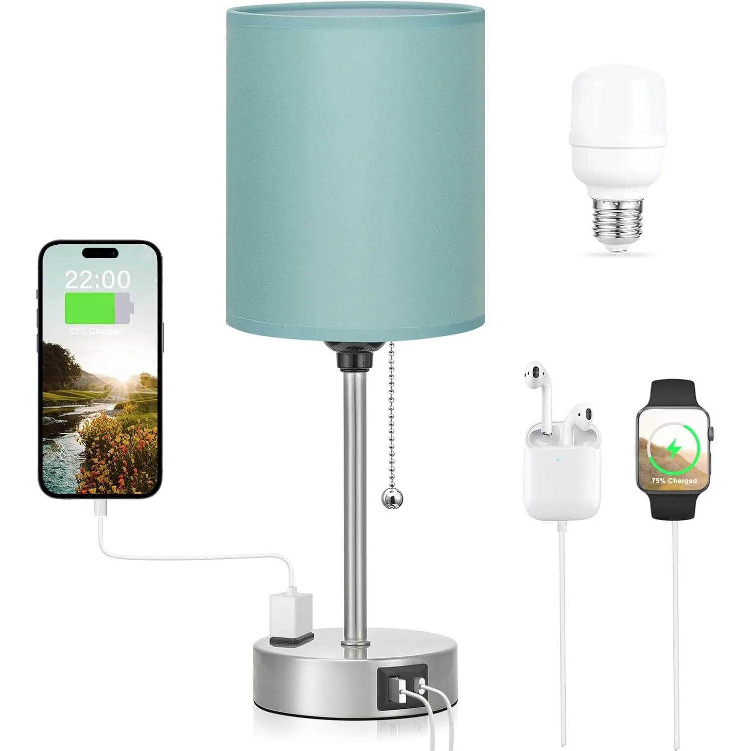 

Прикроватная настольная лампа — трехцветная настольная лампа с USB C и портами, настольная лампа для девочки с розеткой переменного тока и цоколем