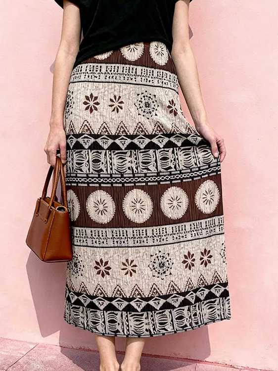 Retro Ethnic Print Half Skirt Women's Summer New High Waist Slimming Versatile Midi Skirt High-End Feeling Pleated Skirt