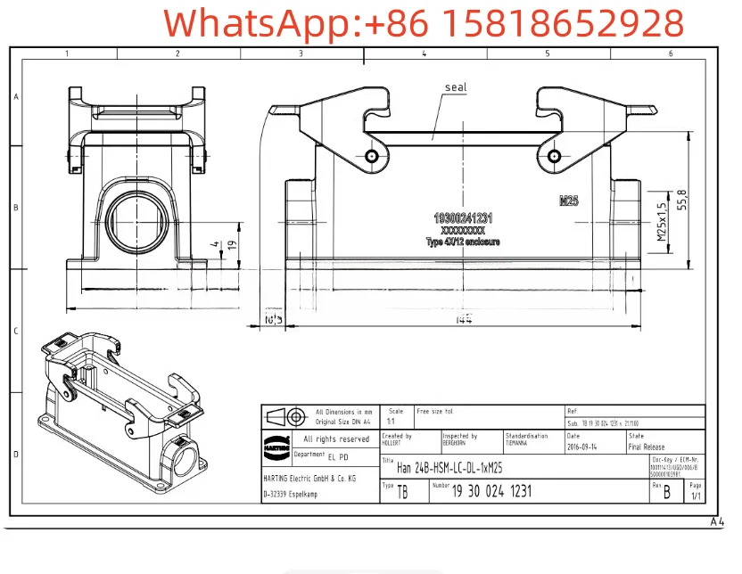1pcs 19300241231 HARTING Double Latch High Base HAN-24B-ASG1-QB-M25 Original Genuine Product