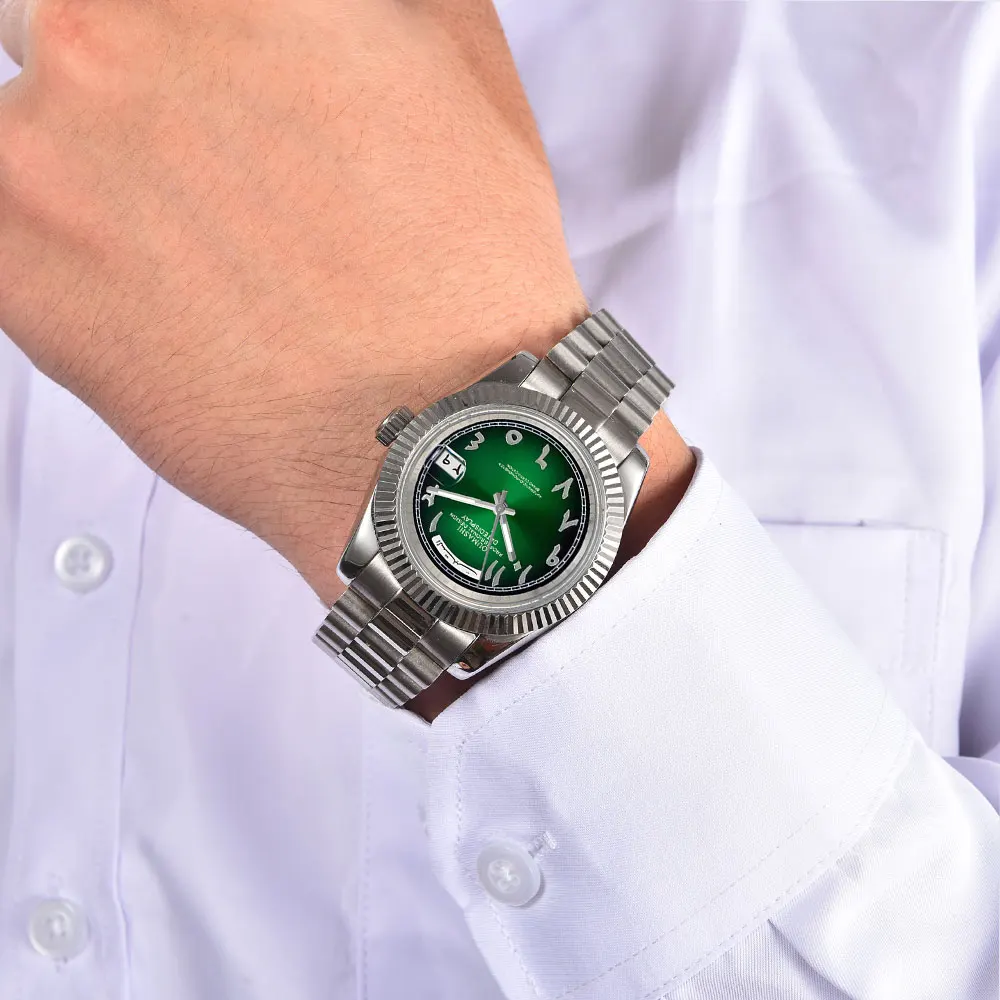 40mm relógio masculino miyota8285 movimento automático relógio mecânico vidro de safira mostrador árabe relógio de pulso resistente à água