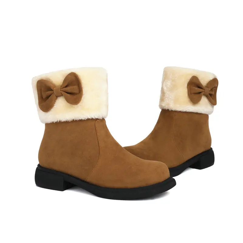 Women Bowknot Suede Cuffed Snow Boots Chunky Heel Fleece Lined Ankle Boots Winter Sweet Lolita Footwear
