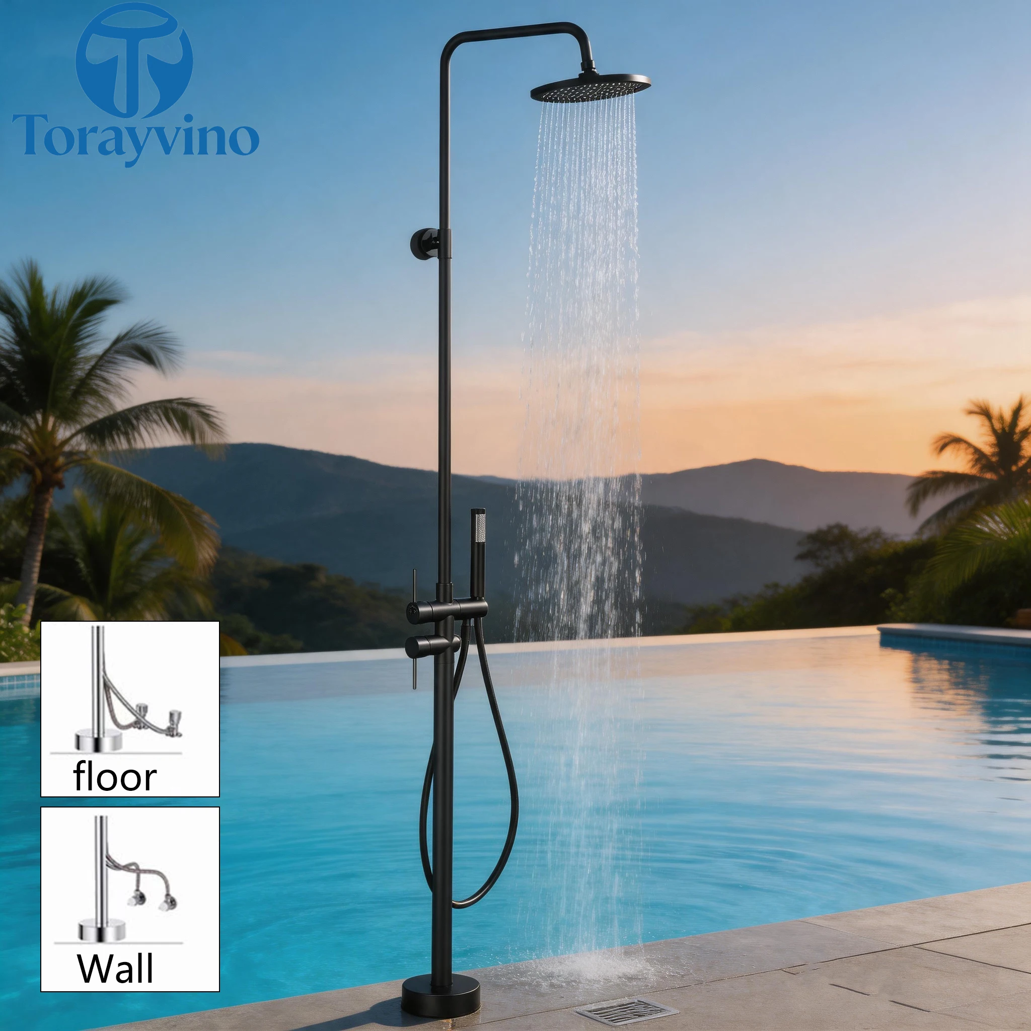 Torayvino Outdoor Shower Column Luxury Garden Beach Large Wall Nozzle Swimming Pool Floor standing Two Rain Shower System Set