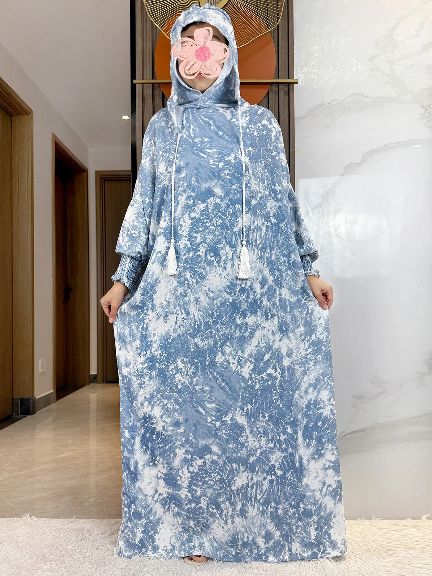 2025 Latest Tie-dye Cotton Abaya Muslim Ramadan Prayer Clothing With Hooded Jalaba Solid Casual Batwing Sleeve Robe Eid Djellab