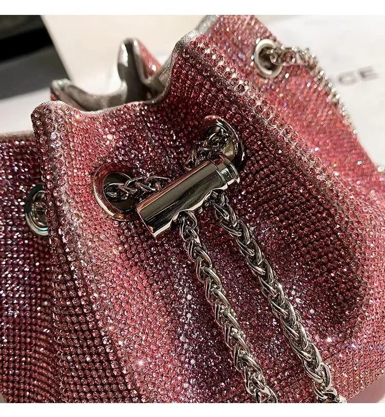 Luxury Glitter Shiny Bucket Bag Rhinestones Diamond Evening Bag Women Handbag Wedding Party Clutch Purse Shoulder Crossbody Bag