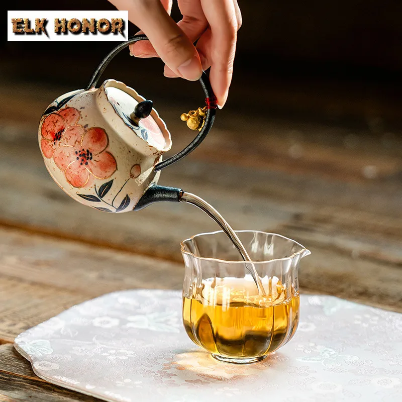 125ml Hand-painted Peach Blossom Lifting Handle Teapot Japanese Tea Infuser Pot Tea Soaking Kettle With Ball Hole Drinkware Gift