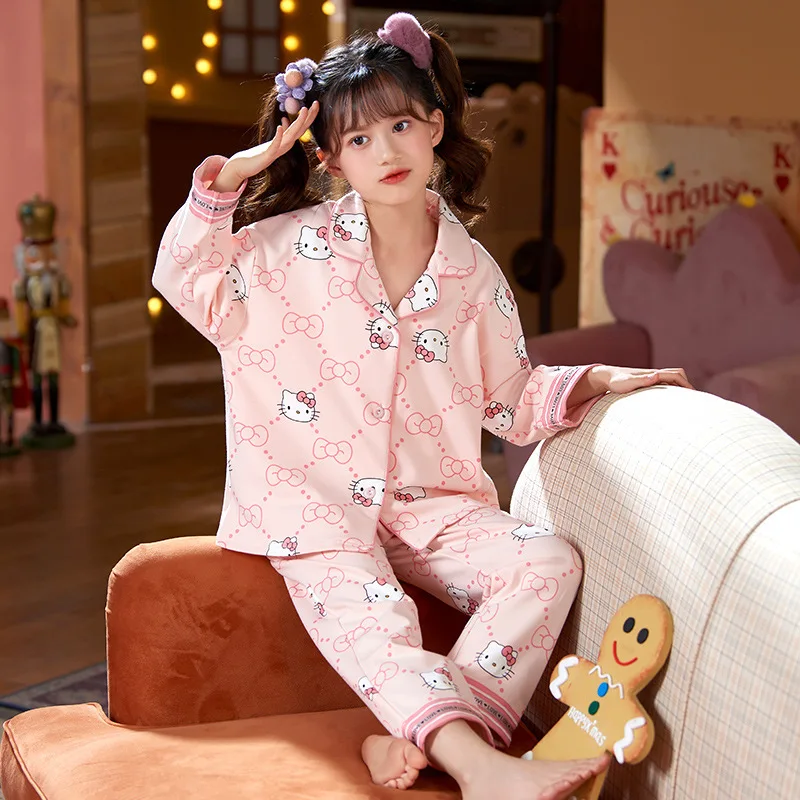 لطيف Kuromi الأطفال القطن الخالص الكرتون منامة بلدي ميلودي الإناث ربيع الخريف طويلة الأكمام السراويل التلبيب صالة الملابس دعوى