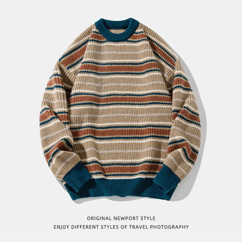 

2025 Autumn Winter New Fashion Men's Vintage Striped Casual Trendy Loose O-neck Long Sleeve Knitted Sweaters Male Pullovers Tops