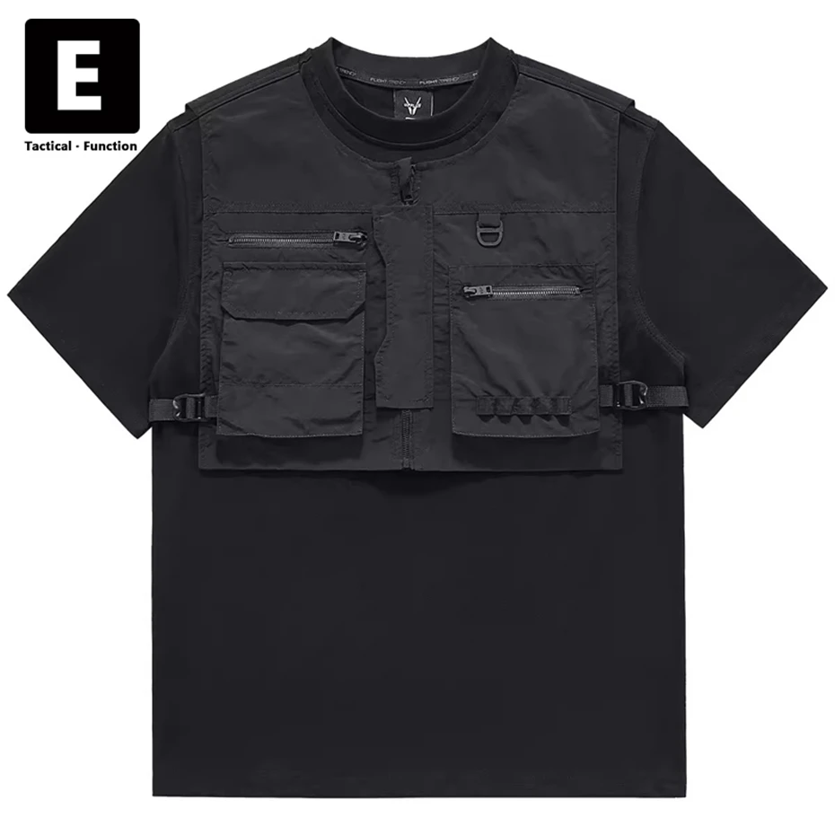 

Summer Cargo T-shirts Men Techwear Short Sleeve Tops Tees Fashion Patchwork Design Streetwear Cargo Tshirt Male