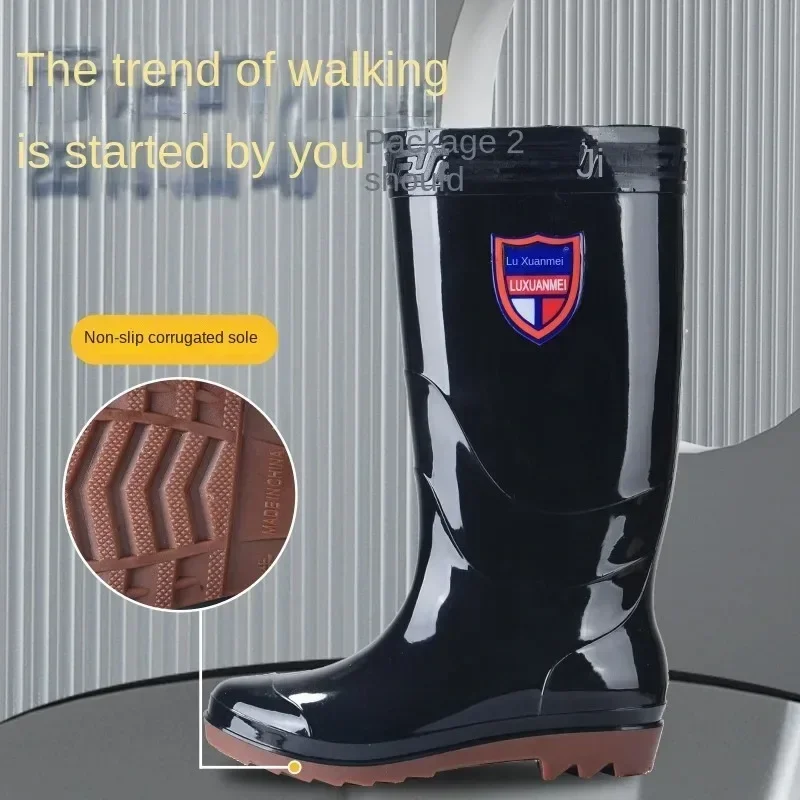 Men Fishing Boots - Non-Slip Plastic Waterproof Rain Boots with Tendon Bottom Round Toe Wedge Design for Comfort and Resistance