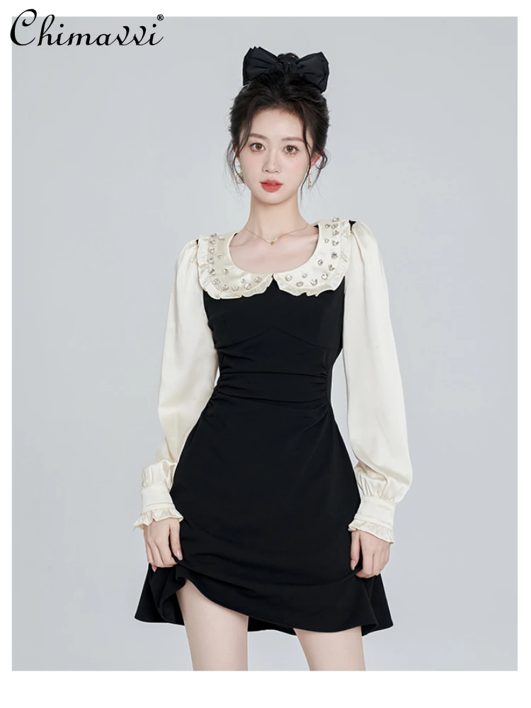 

Fashion Rhinestone Doll Collar Women's Stitching Dress Spring Autumn Elegant Long Sleeve High Waist Slim Fit A- Line Dress