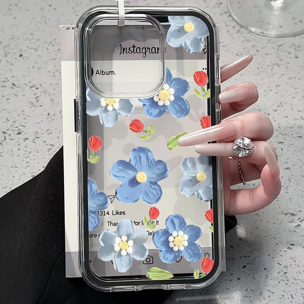Blaue Künstlerische Blumen Transparente Handyhülle für iPhone 17 13 16 15 11 12 14 Pro Max 17 Air XR X Hülle Silikon Weiche Stoßfeste Abdeckung – Detail 2
