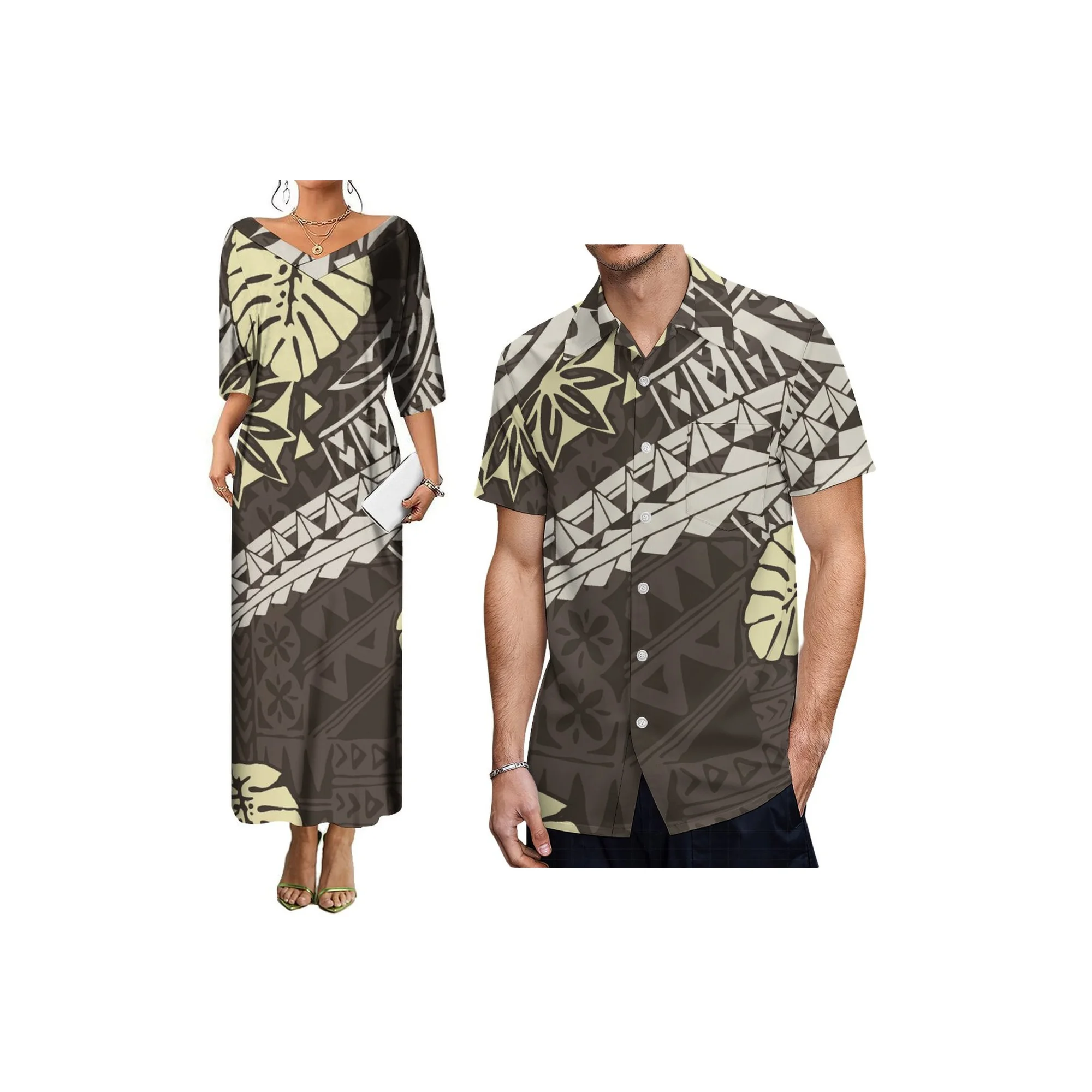 

New Hot Sale Summer Matching Couple Clothing Custom Ladies Half Sleeve Deep V Neck Polyensian Dress and Aloha Men Oversized Shir