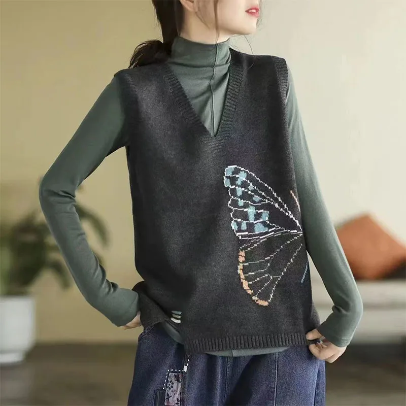 

Women's Clothing Loose Butterfly Jacquard Waistcoat Autumn/Winter Irregular Knit Short Sleeve Sweaters Lady V-neck Pullover Tops