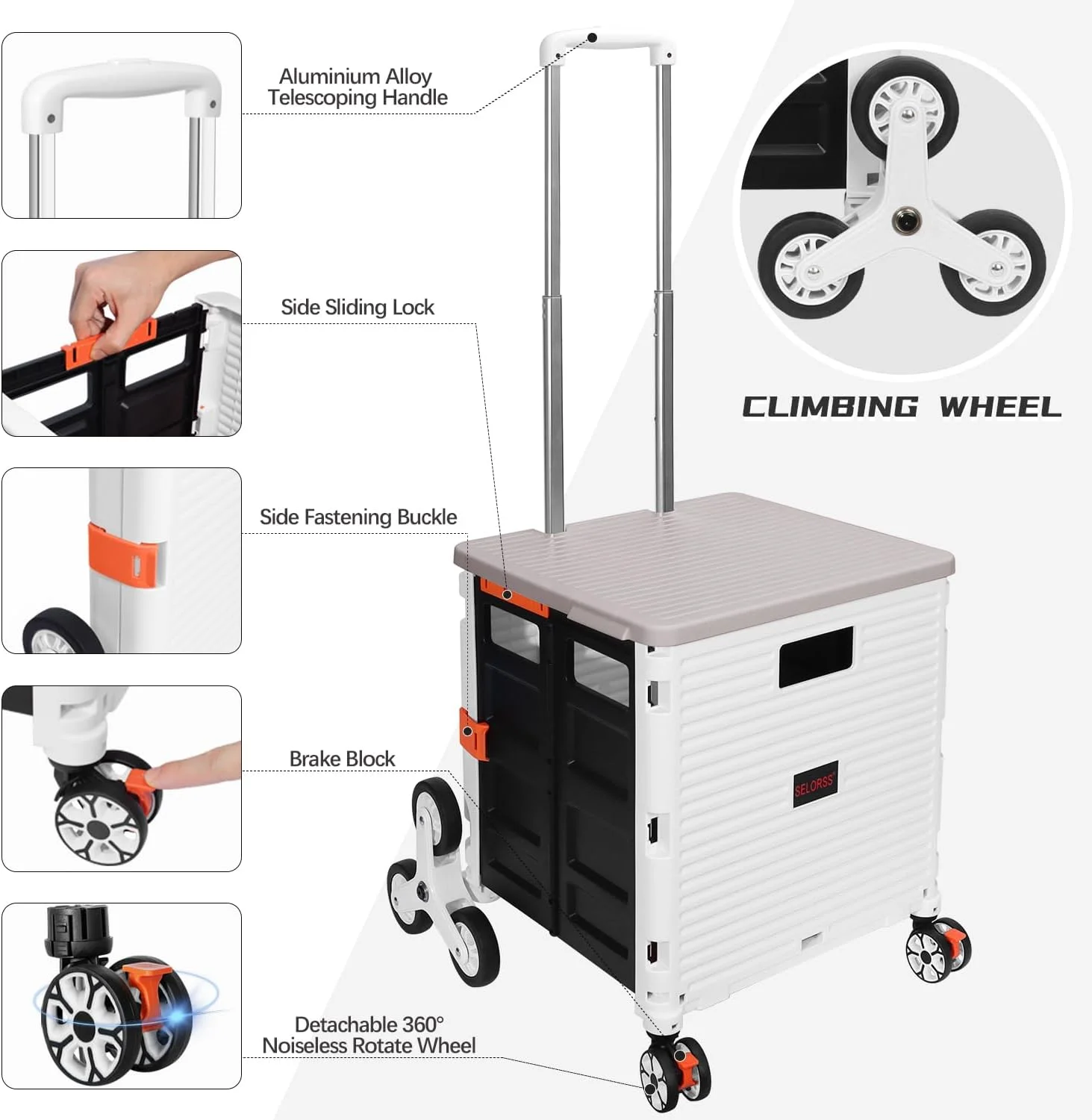 

SELORSS Foldable Utility Cart Collapsible Crate Rolling Carts With Stair Climbing Wheels Rolling 360°Rotate Wheel Noiseless